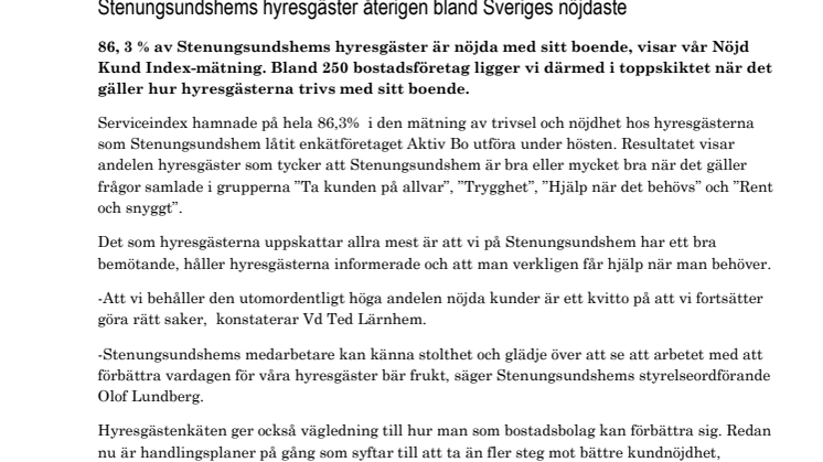 Stenungsundshems hyresgäster återigen bland Sveriges nöjdaste