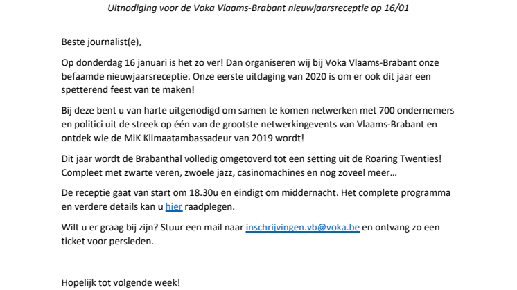 Uitnodiging voor de Voka Vlaams-Brabant nieuwjaarsreceptie op 16/01