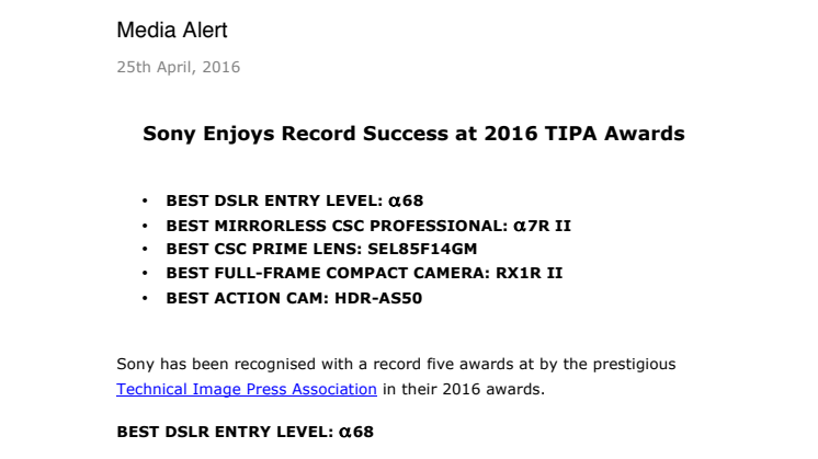 Sonylle ennätykselliset viisi TIPA-ykköspalkintoa