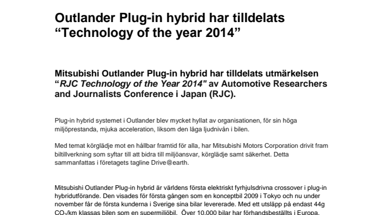 Outlander Plug-in hybrid har tilldelats "Technology of the year 2014"