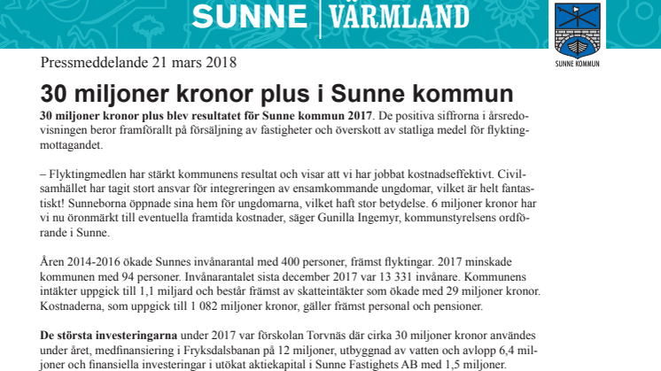 30 miljoner kronor plus i Sunne kommun