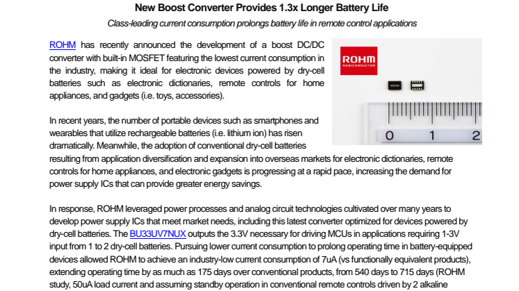 New Boost Converter Provides 1.3x Longer Battery Life　---Class-leading current consumption prolongs battery life in remote control applications---