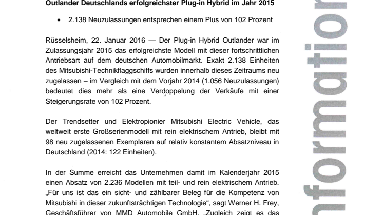Outlander: Deutschlands erfolgreichster Plug-in Hybrid im Jahr 2015