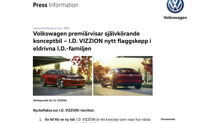 Volkswagen premiärvisar självkörande konceptbil – I.D. VIZZION nytt flaggskepp i eldrivna I.D.-familjen