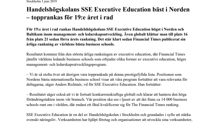 ​Handelshögskolans SSE Executive Education bäst i Norden – topprankas för 19:e året i rad
