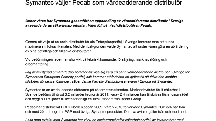Symantec väljer Pedab som värdeadderande distributör