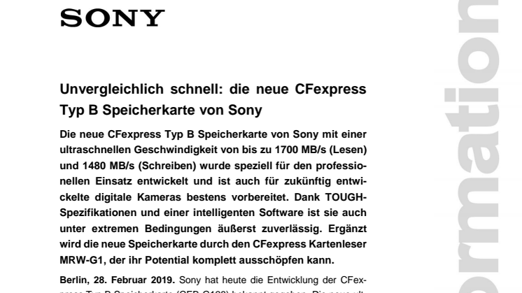 Unvergleichlich schnell: die neue CFexpress Typ B Speicherkarte von Sony