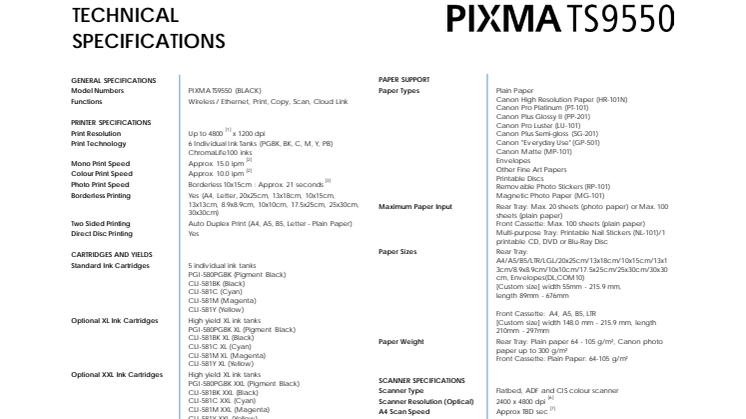 Pixma TS9550 Spec Sheet