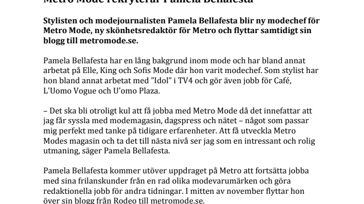 Metro Mode rekryterar Pamela Bellafesta 