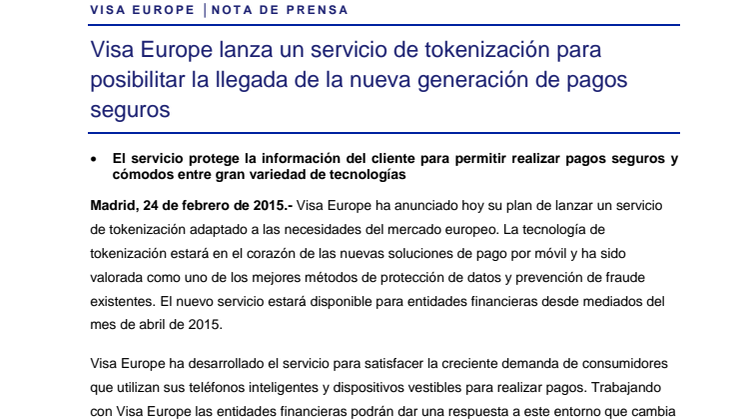 Visa Europe lanza un servicio de tokenización para posibilitar la llegada de la nueva generación de pagos seguros 