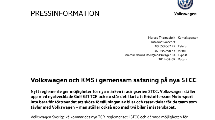 Volkswagen och KMS i gemensam satsning på nya STCC