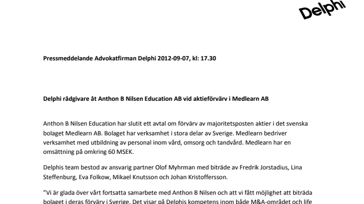 Delphi rådgivare åt Anthon B Nilsen Education AB vid aktieförvärv i Medlearn AB