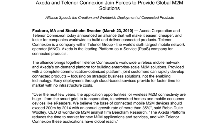 Axeda and Telenor Connexion join forces to provide global M2M solutions 