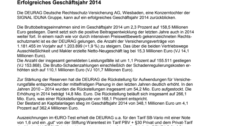 DEURAG Deutsche Rechtsschutz-Versicherung AG: Erfolgreiches Geschäftsjahr 2014