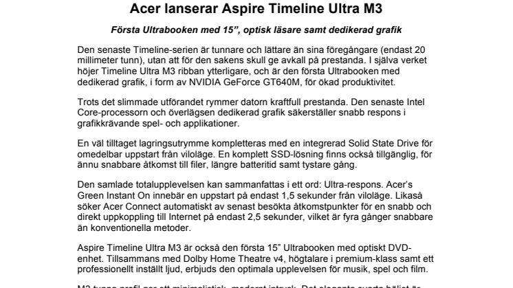 Acer lanserar Aspire Timeline Ultra M3