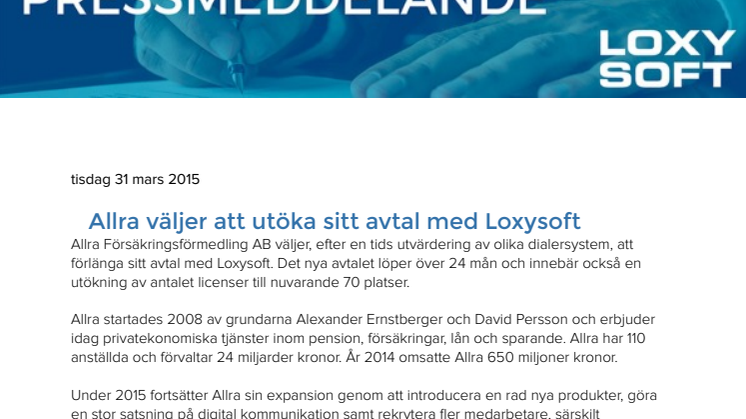 Allra väljer att utöka sitt avtal med Loxysoft