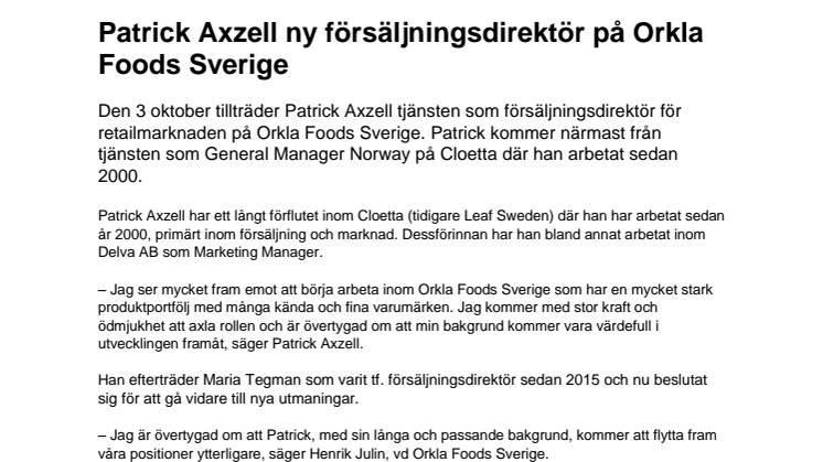 ​​​​​​​Patrick Axzell ny försäljningsdirektör på Orkla Foods Sverige