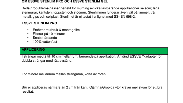 Produktspecisfikation - ESSVE Stenlim Pro och ESSVE Stenlim Gel