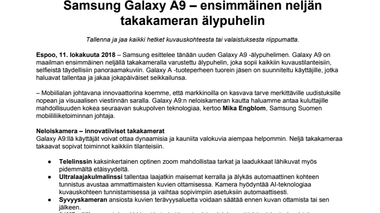 Samsung Galaxy A9 – ensimmäinen neljän takakameran älypuhelin