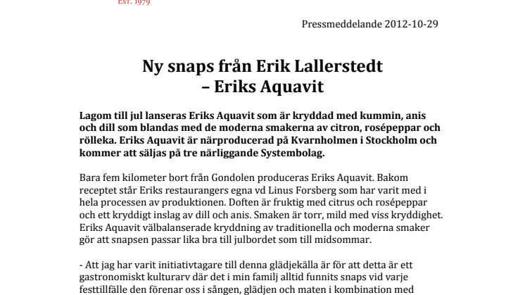 Ny snaps från Erik Lallerstedt – Eriks Aquavit