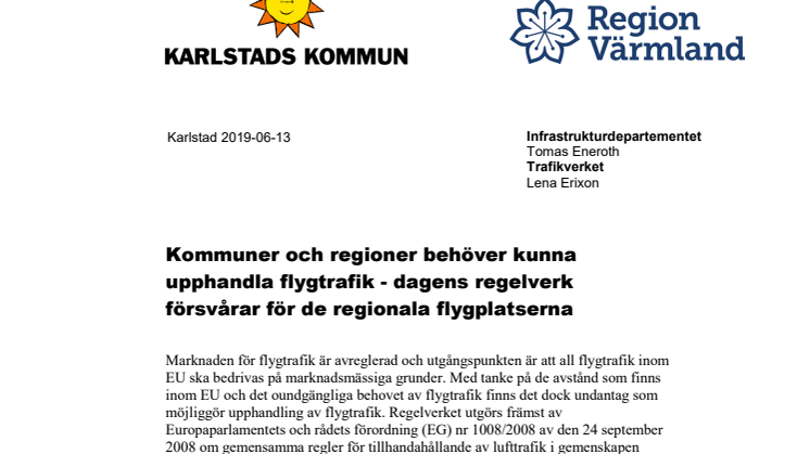 Skrivelse flygtrafikupphandling Karlstad Värmland