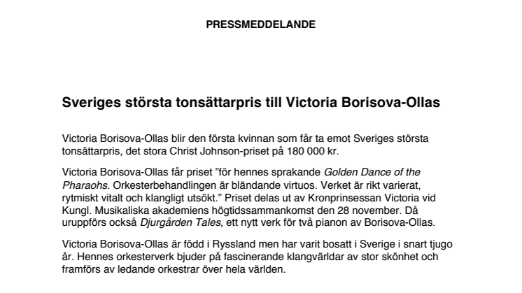 Sveriges största tonsättarpris till Victoria Borisova-Ollas
