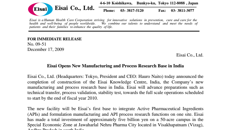 EISAI OPENS NEW MANUFACTURING AND PROCESS RESEARCH BASE IN INDIA
