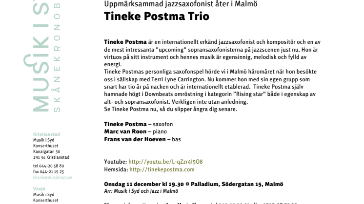 Tineke Postma Trio på Palladium i Malmö 11 december