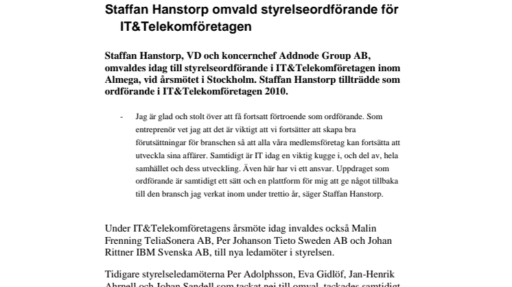 Staffan Hanstorp omvald styrelseordförande för IT&Telekomföretagen