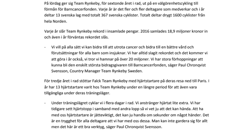 Falck stöttar Team Rynkebys cykling till förmån för Barncancerfonden