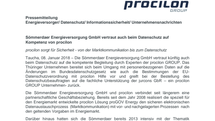 Sömmerdaer Energieversorgung GmbH vertraut auch beim Datenschutz auf Kompetenz von procilon