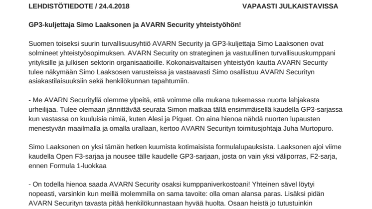 GP3-kuljettaja Simo Laaksonen ja AVARN Security yhteistyöhön