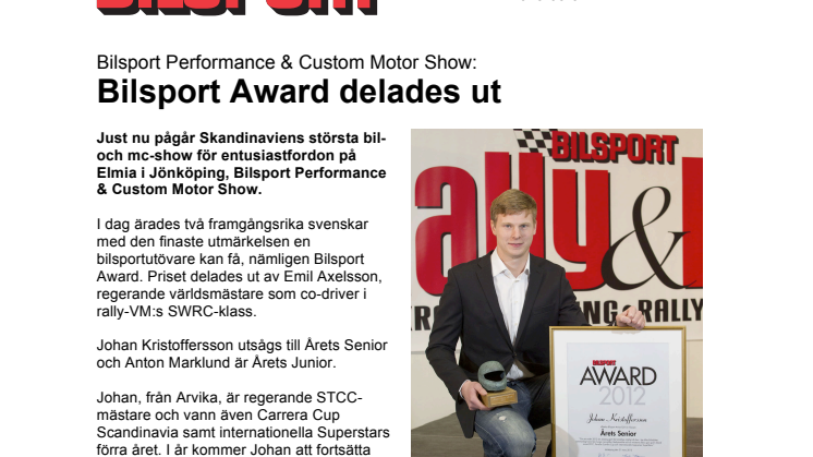 Bilsport Performance & Custom Motor Show: Bilsport Award delades ut 