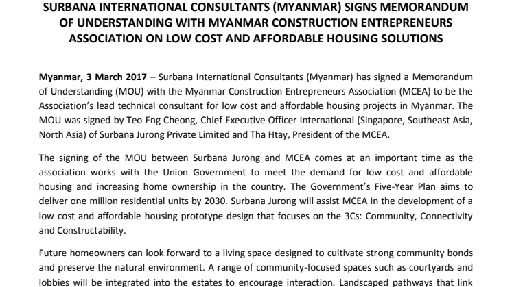 Surbana International Consultants (Myanmar) signs MOU with  Myanmar Construction Entrepreneurs Association on low cost and affordable housing solutions