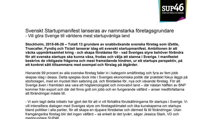 Svenskt Startupmanifest lanseras av namnstarka företagsgrundare