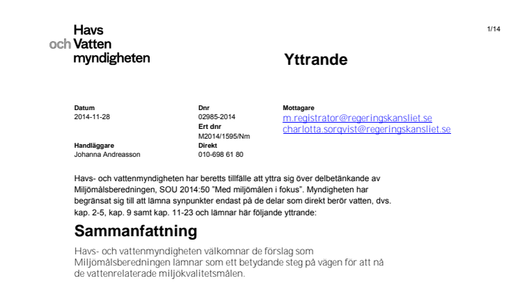 HaV:s yttrande över delbetänkande SOU 2014:50 "Med miljömålen i fokus"