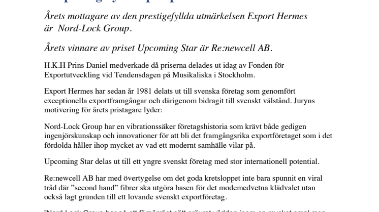 Nord-Lock Group och Re:newcell AB får prestigefyllt exportpris 