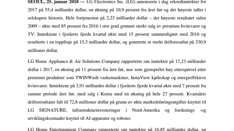 LG KUNNGJØR STERKE FINANSIELLE RESULTATER FOR 2017 