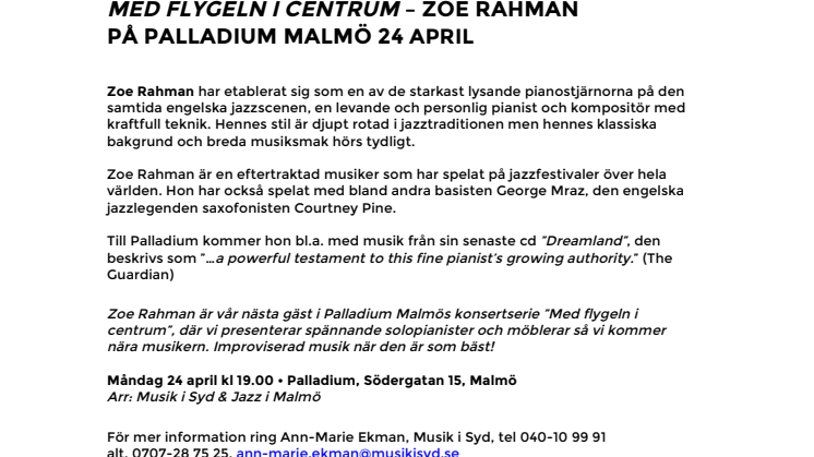 Med flygeln i centrum – Zoe Rahman på Palladium Malmö 24 april