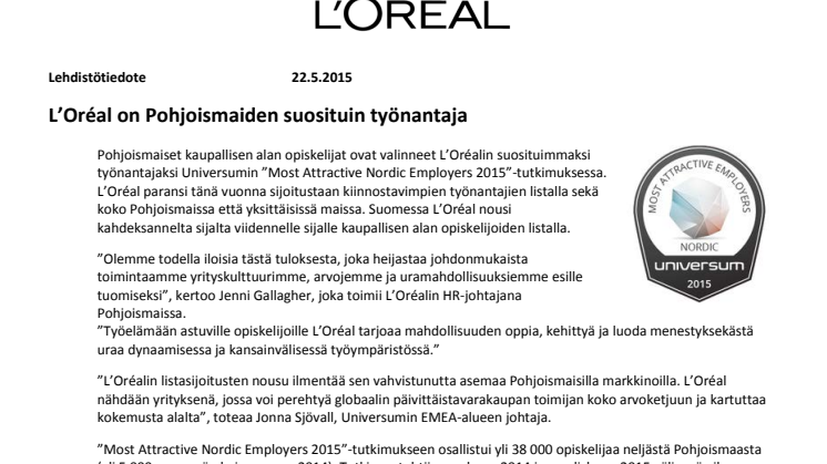  L'Oréal on Pohjoismaiden suosituin työnantaja