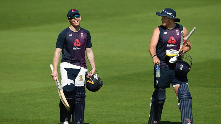 Eoin Morgan and Jonny Bairstow at training. Photo: Getty Images