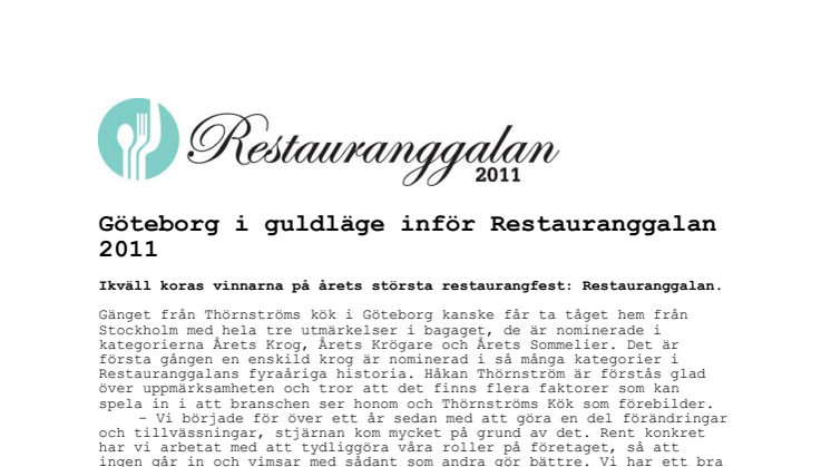 Göteborg i guldläge inför Restauranggalan 2011