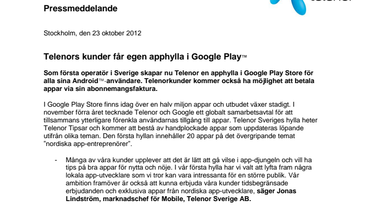 Telenors kunder får egen apphylla i Google Play™ 