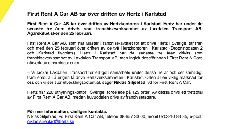 First Rent A Car AB tar över driften av Hertz i Karlstad