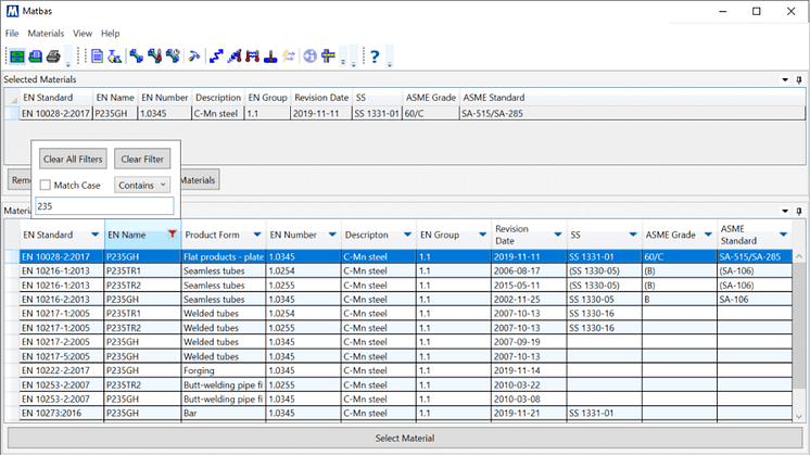 Screenshot: Filterfunktioner i Matbas PED