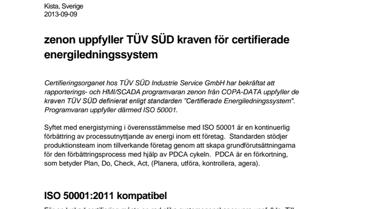  zenon uppfyller TÜV SÜD kraven för certifierade energiledningssystem