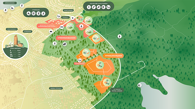 Strömnäsbacken och Pitholmshöjden – nya bostadsområden och ett nytt centrumområde   Illustration: Piteå kommun