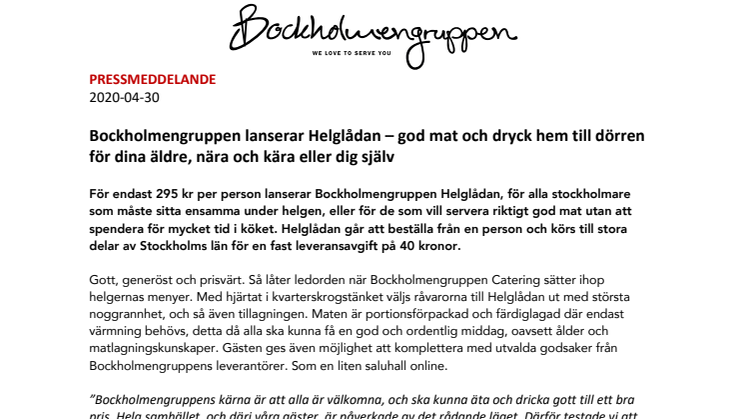 Bockholmengruppen lanserar Helglådan – god mat och dryck hem till dörren för dina äldre, nära och kära eller dig själv