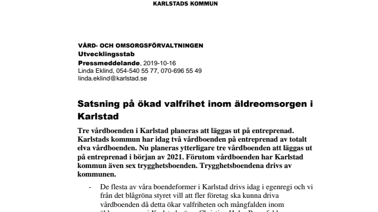 Satsning på ökad valfrihet inom äldreomsorgen i Karlstad