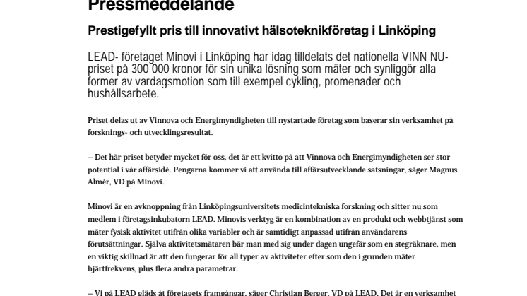 Prestigefyllt pris till innovativt hälsoteknikföretag i Linköping